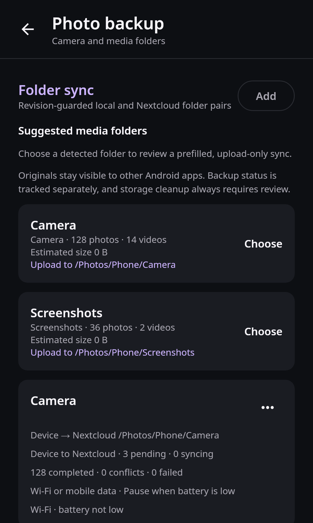 Nextcloud Native media backup view with Camera and Screenshots suggestions and active transfer counts